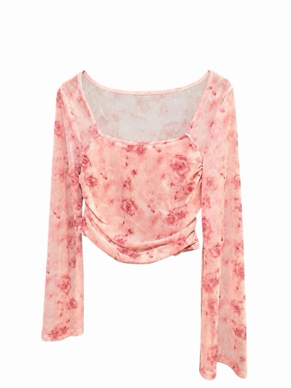 SHEIN Pink Floral Long Sleeve Square Neck Ruched Top